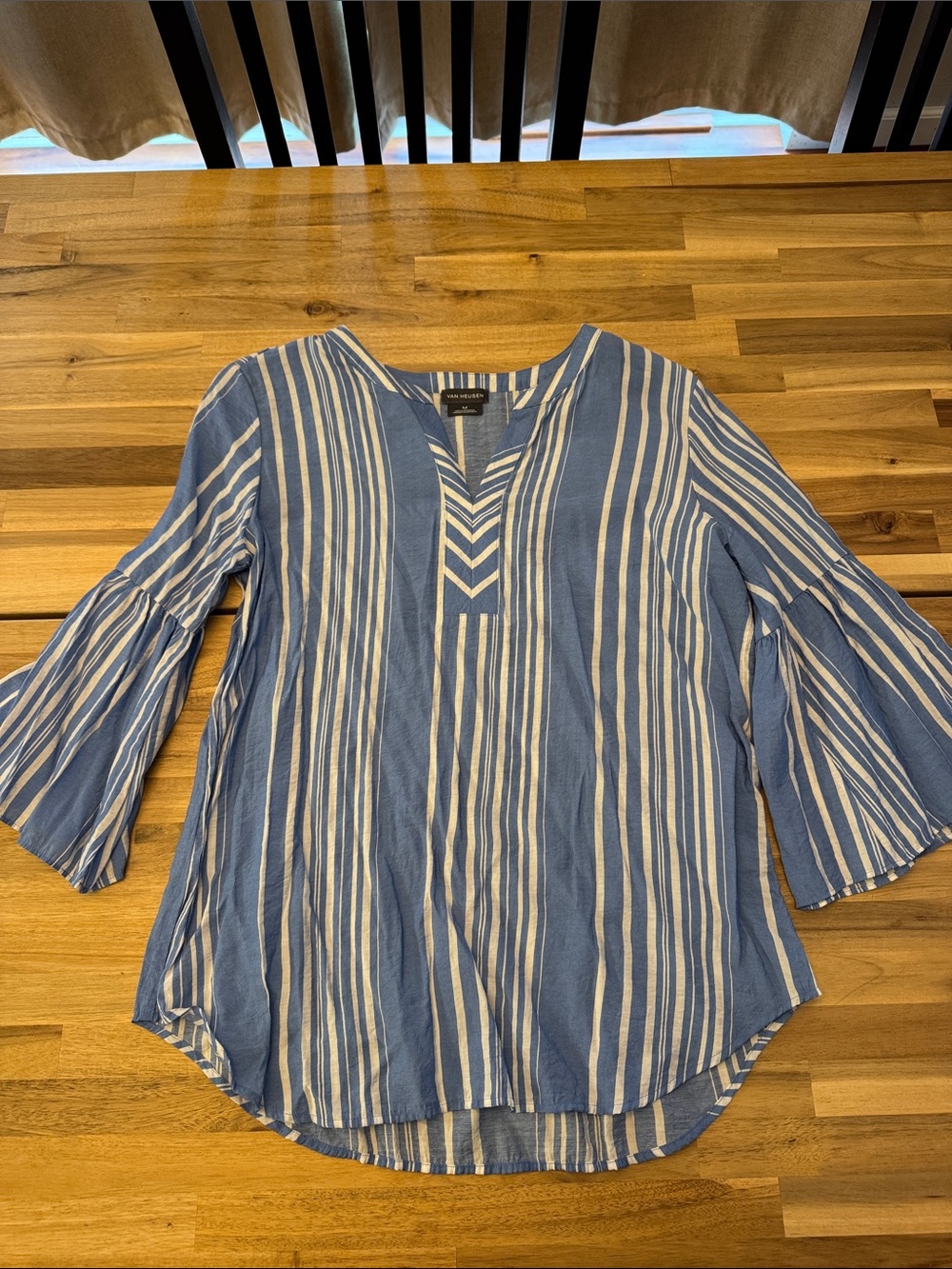 Van Heusen Women’s Blue & White Striped Bell-Sleeve Top - Size M